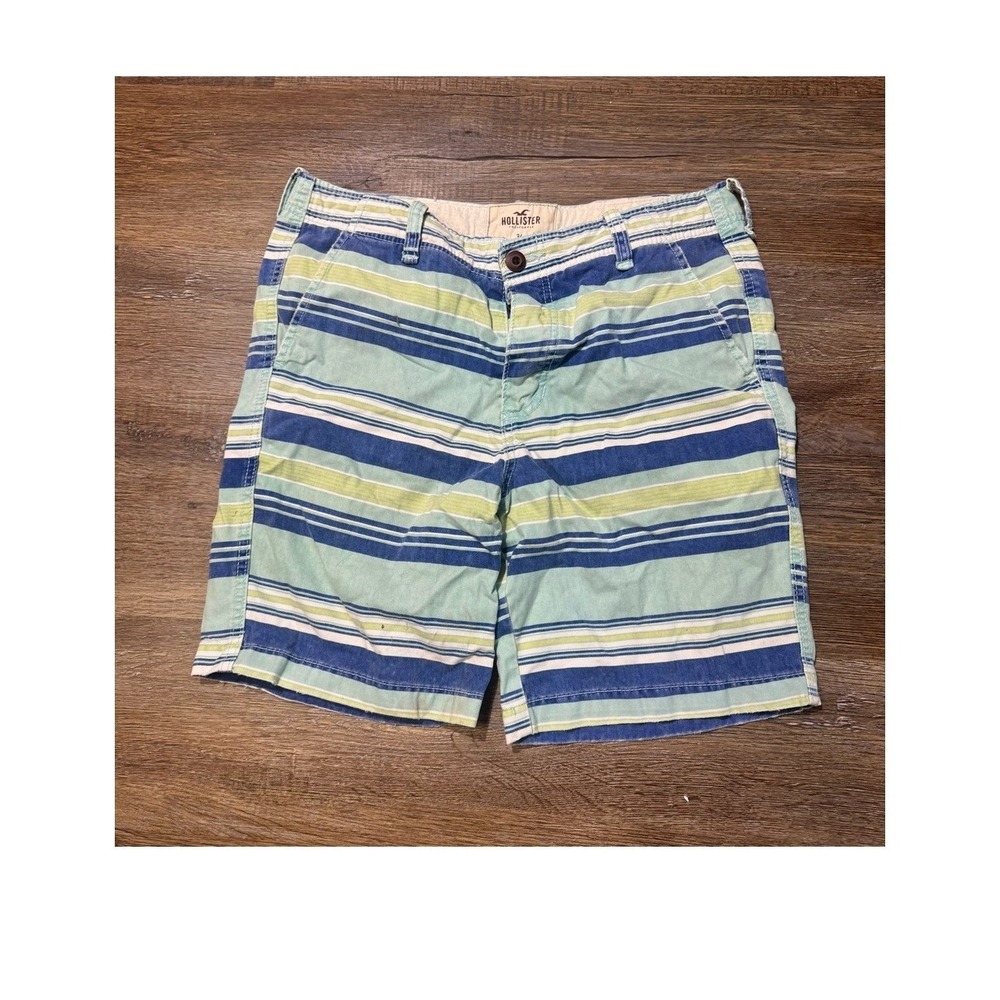 Hollister Mens Y2K Striped Chino Shorts Blue Green White Size 34 Surf Beach